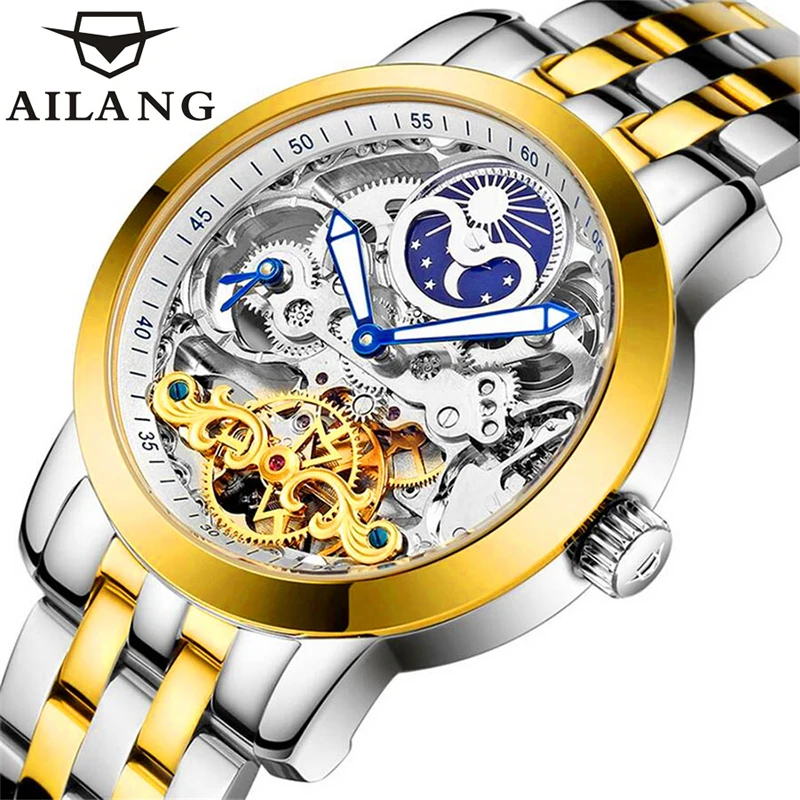 AILANG 2022 Fashion Luxury Gold Stainless Steel Mechanical Watch Men\'s Waterproof  Hollow Watch Skeleton Steampunk Watches Men