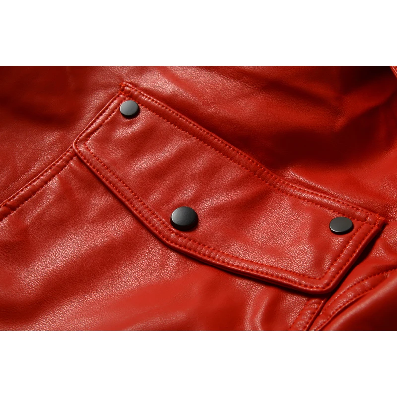 Spring Autumn 2024 Big Pocket Red Faux Leather Jacket Motorcycle Biker Jacket Black Coat Lapel Long Sleeve Streetwear Punk Coat