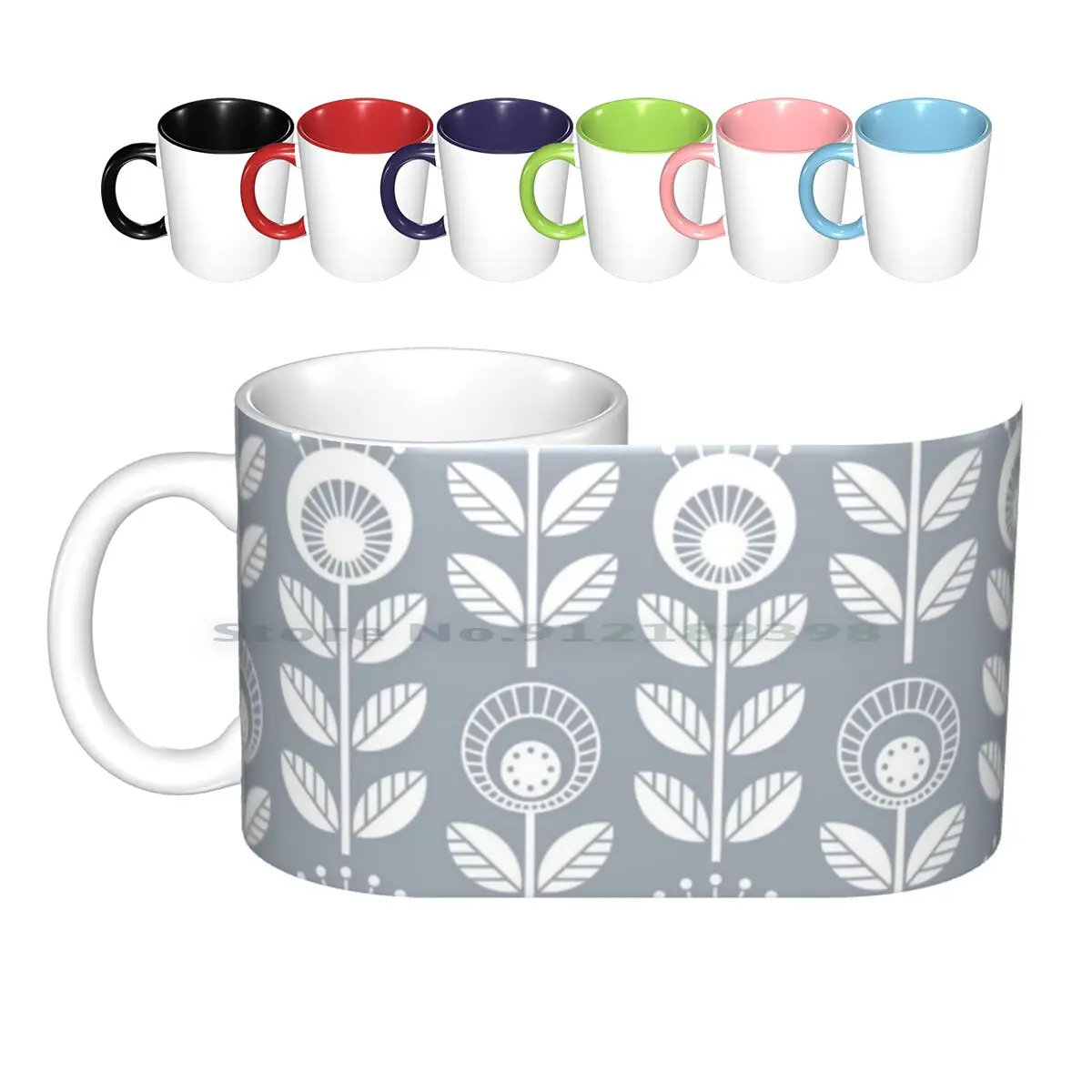 Scandi Garden 01-6 , White On Silver Grey Ceramic Mugs Coffee Cups Milk Tea Mug Mod Midcentury Modern Mid Century Scandi