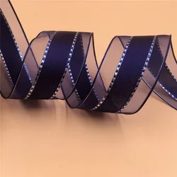 38MM X 25 Yards Dark Blue Organza Stripes Wired Edge Ribbon for Birthday Decoration Gift Wrap ping 1-1/2