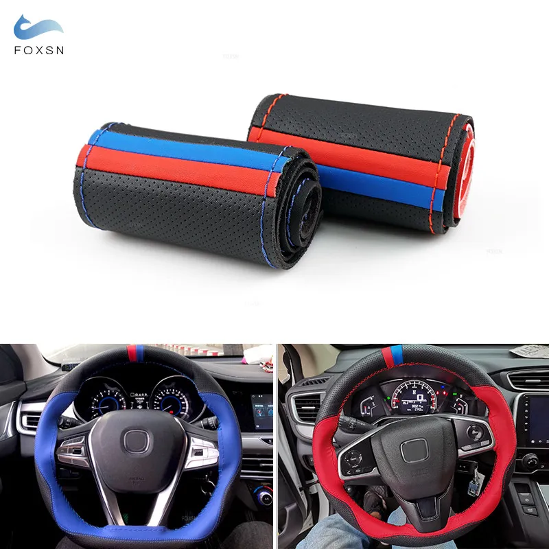 38cm Universal Microfiber Leather Steering Wheel Braid Cover Car Styling Accessories DIY Texture Trim Black- Red Leather Splice