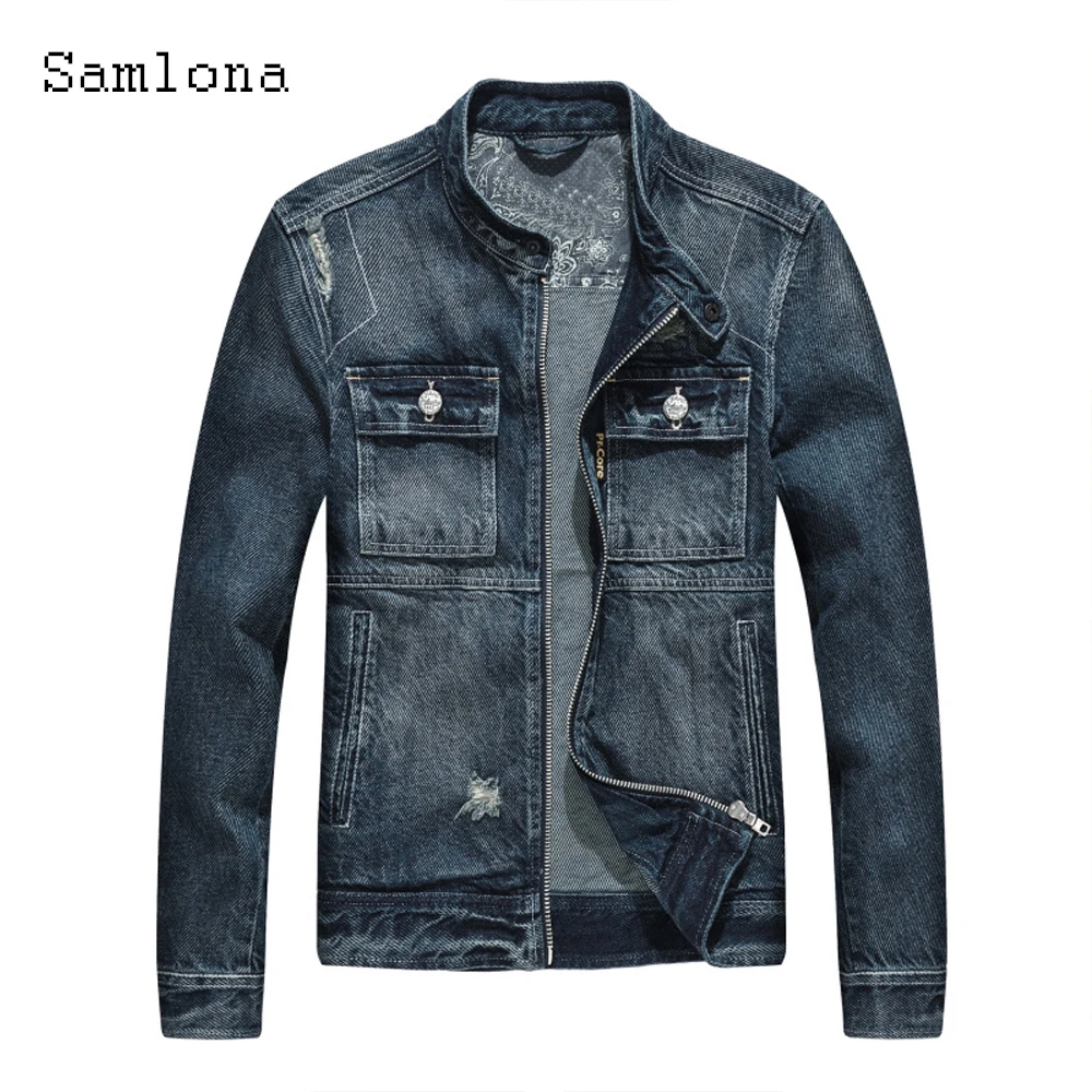 

Samlona Plus Size Mens Denim Jackets Casual Jean Outerwear Shredded Ripped Denim Jacket Slim Fashion Zipper Coat Male Streetwear