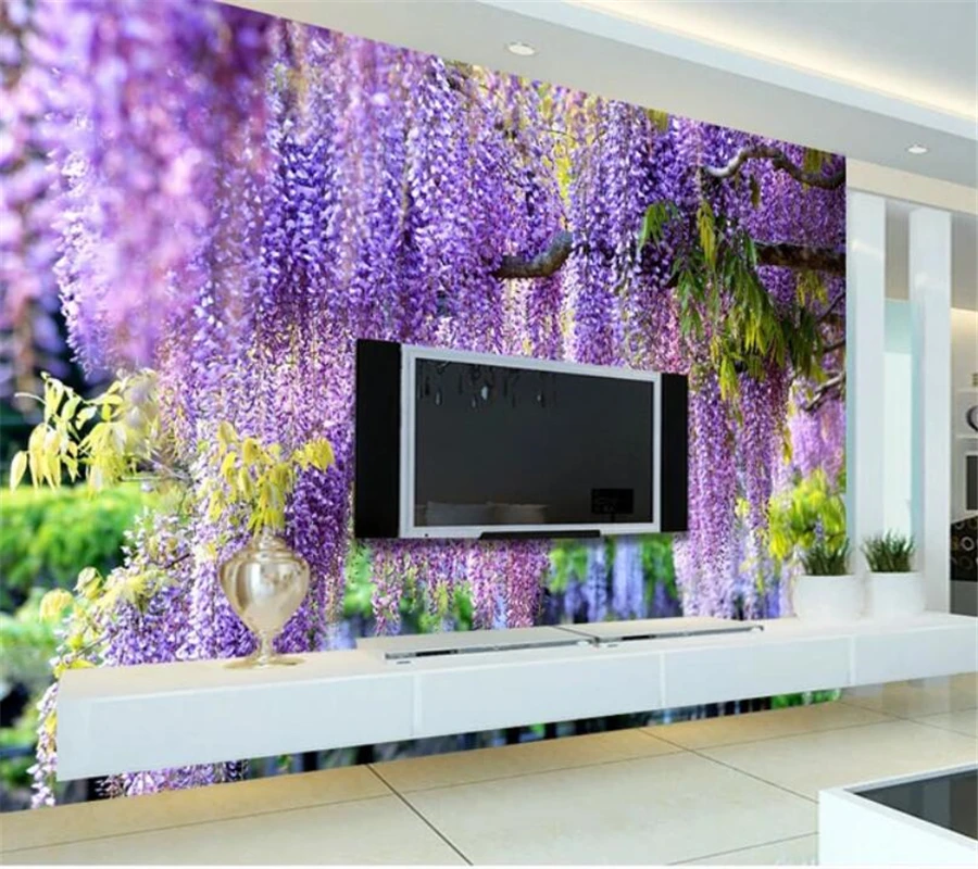 

wellyu Custom large-scale mural 3d wallpaper beautiful romantic purple flower vine TV living room bedroom background wallpaper