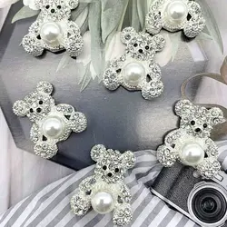 5 pcs/lot New Pearl Teddy Bear Rhinestone Buttons Alloy Accessories DIY Handmade Cartoon Children's Hair Pendant Full Diamond B