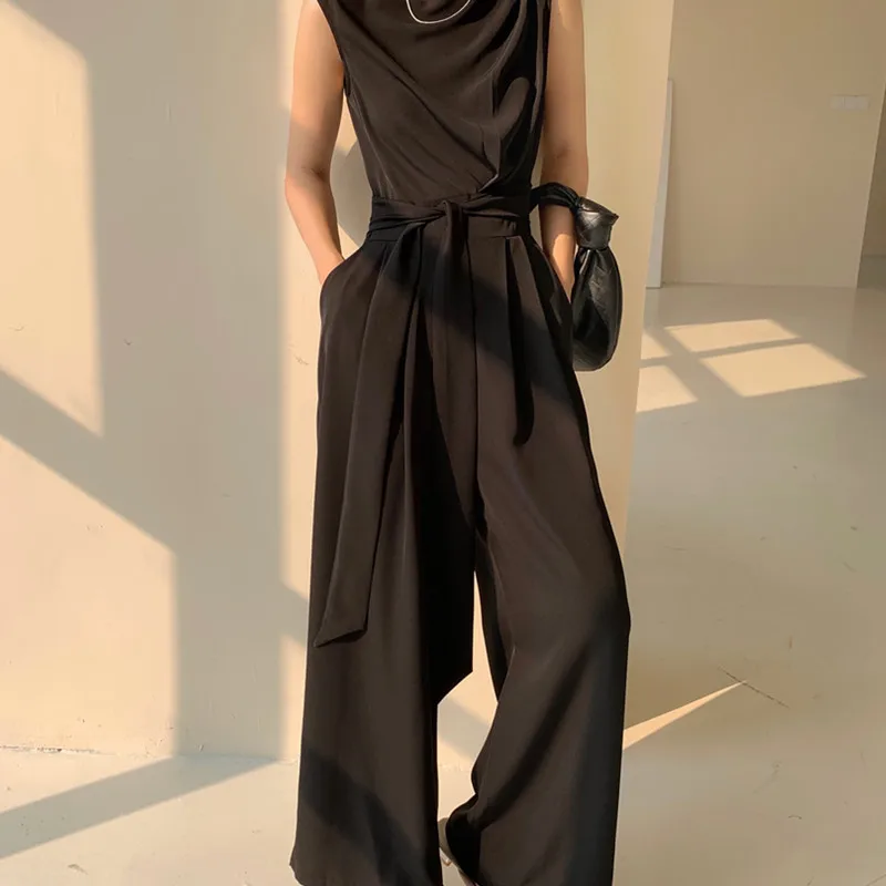 Elegant Woman Green Sleeveless Jumpsuit Summer Outfit Bandage High Waist Wide Leg Pants Black Rompers Playsuits Female Overalls