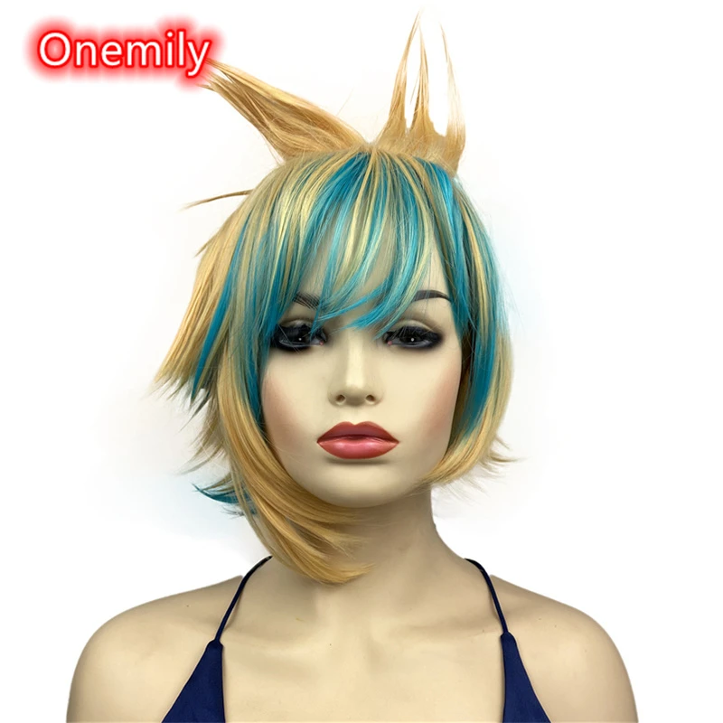 Onemily Short Straight Heat Resistant Synthetic Hair Wigs  for Women Girls with Bangs Theme Party Out Fun Golden Green