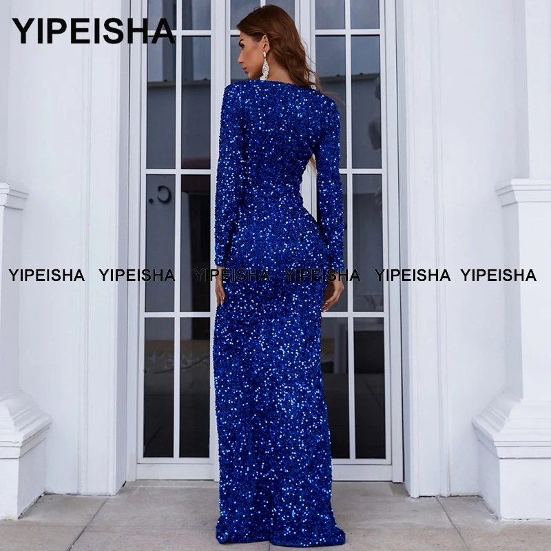 Yipeisha royal azul vestido de noite sereia dubai lado fenda vestidos de baile mangas compridas vestido de festa de casamento vestido de lantejoulas robe de soiree