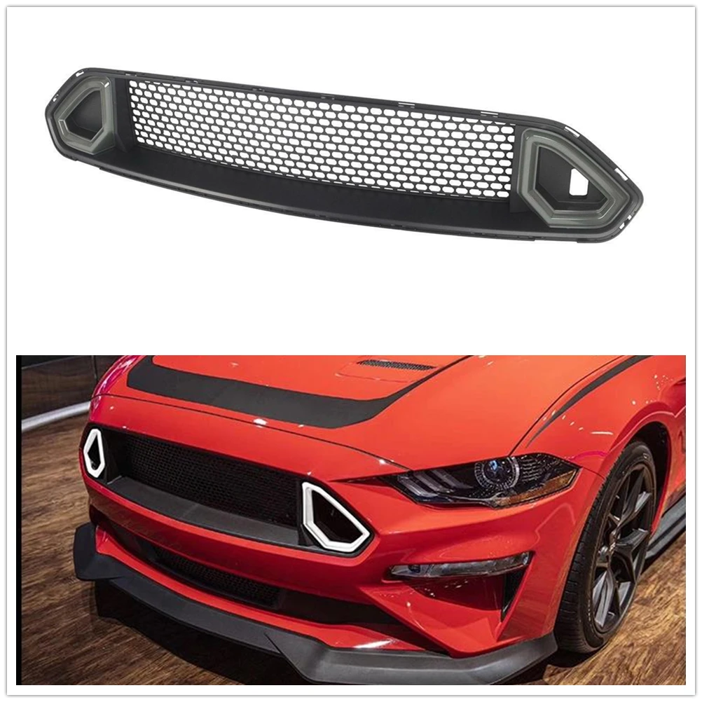 

RTR Style Racing Grills Front Grille For Ford Mustang 2018 2019 2020 2021-2023 Black Upper Bumper Hood Mesh Grid With LED Light