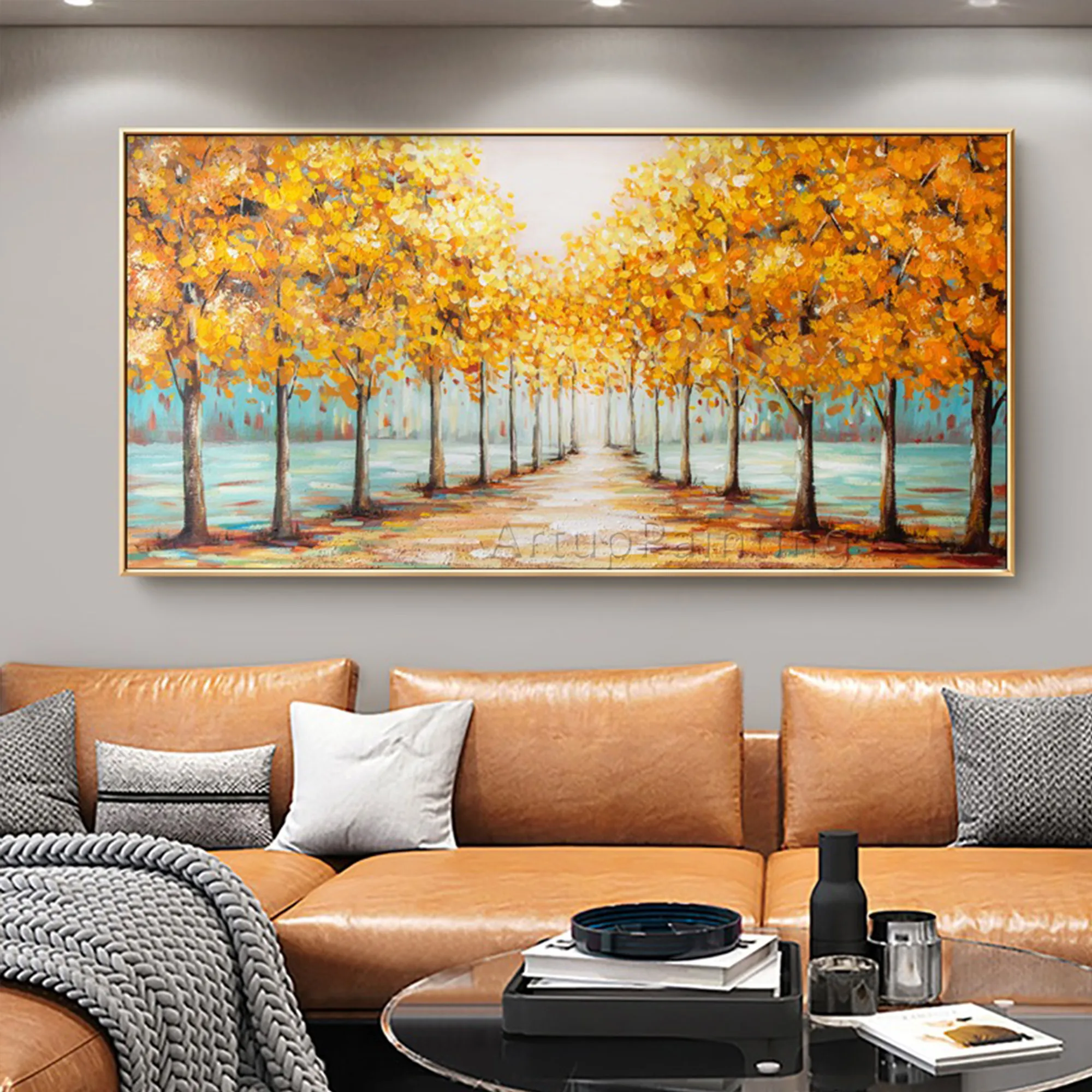 Handmade canvas oil painting landscape trees orange brown green blue wall art home decoration picture for living room