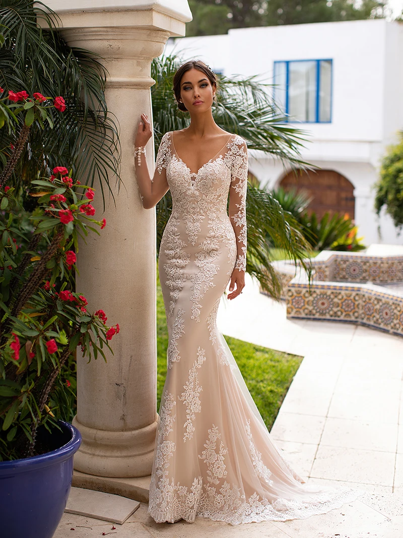 Abiti da sposa Champagne sirena abiti da sposa maniche lunghe scollo a v Applique in pizzo abiti da sposa senza schienale robe de soirée femme