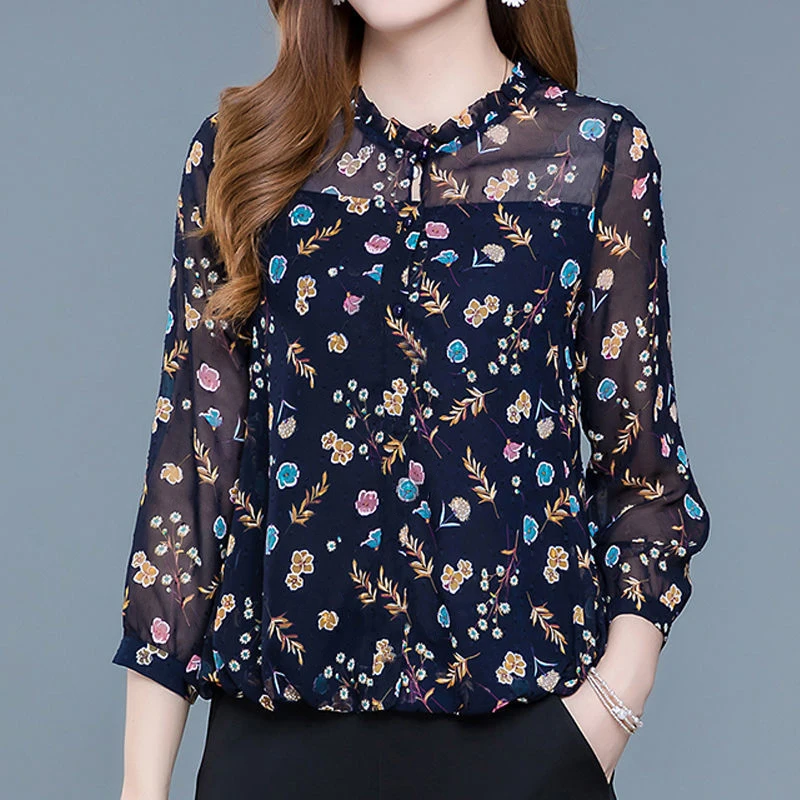 Women Chiffon Blouse 2021Autumn Floral Print Tunic Casual Middle Long Sleeve O-neck Top Lady Blouse NS4885