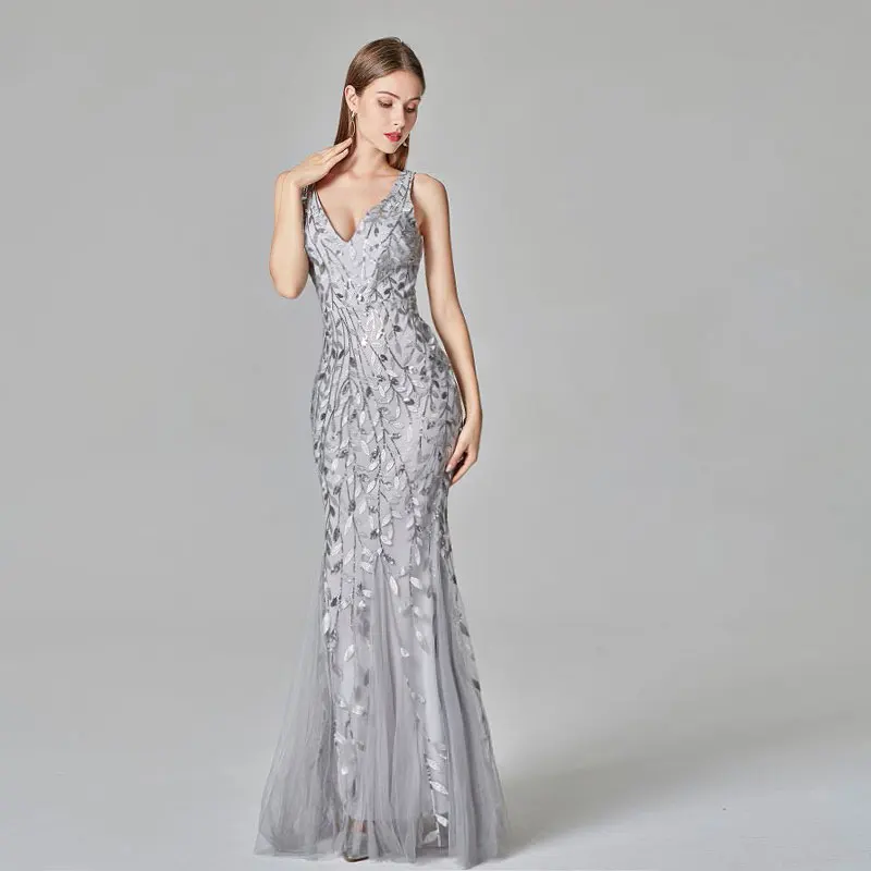 Schoonheid Emily V-hals Strapless Avondjurken Silver Applicaties Tulle Mermaid Jurk Geplooide Rits Open Back Vestido De Noche