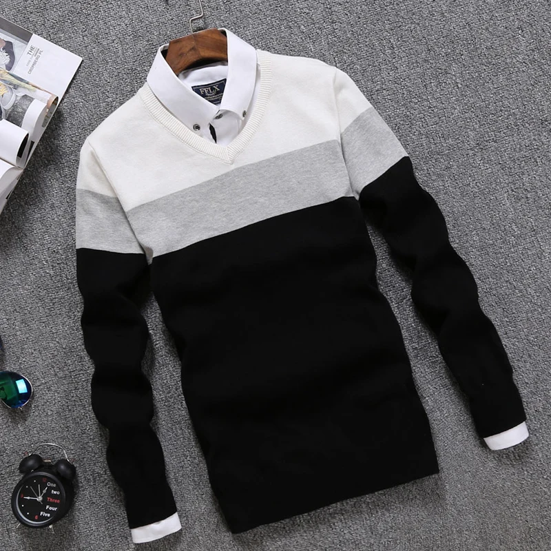 Men 2023 Winter Sweater Bottom Clothes Slim Fit V Neck Autumn Sweaters Striped Knitted Pullovers Vetement Homme LWL676