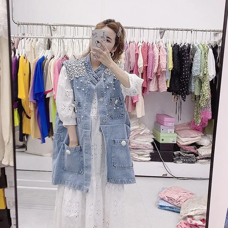 Summer Women Harajuku Covered Button Loose Pocket Pearl Beaded Denim Vest Female Sleeveless Jeans Tops Casual Casaco Feminino