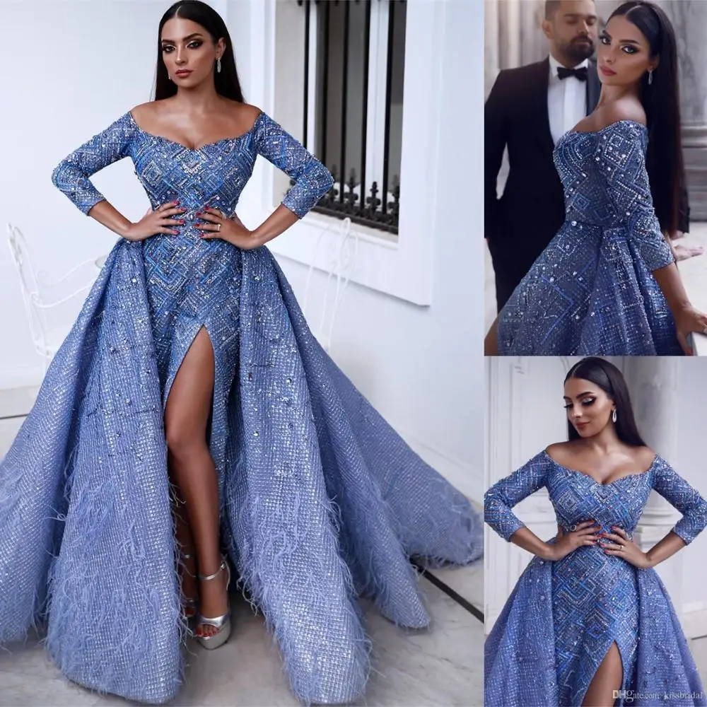 

High Split Formal Evening Gowns Overskirt 3/4Sleeve Scoop Neck Prom Ball Party Dresses 2021 Luxury Major Beading Celebrity Dress