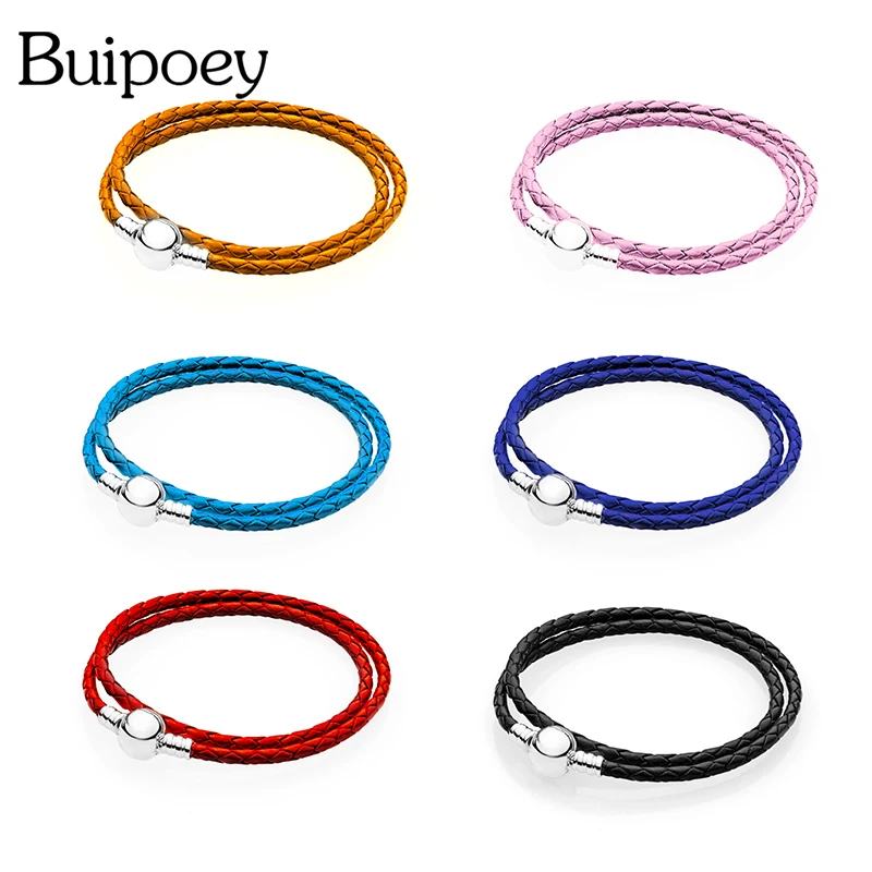 Buipoey Round head Double circle Leather Bracelets For Women Base chain Charm Bracelet Bangle Beads Accessories Basic Chain