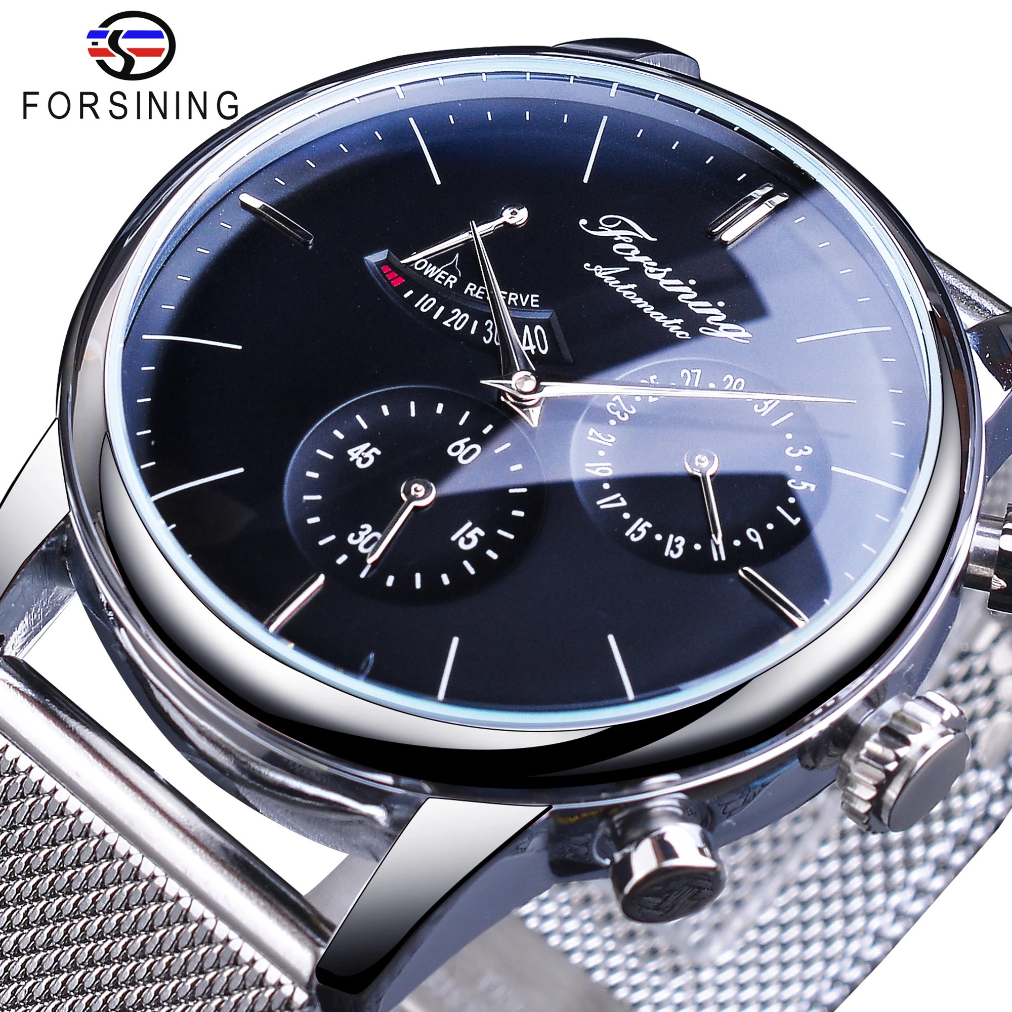 Forsining 2021 Business Fashion Date Design Silver Steel Power Reserve Mens Mechanical Automatic Wrist Watches Top Brand Luxury