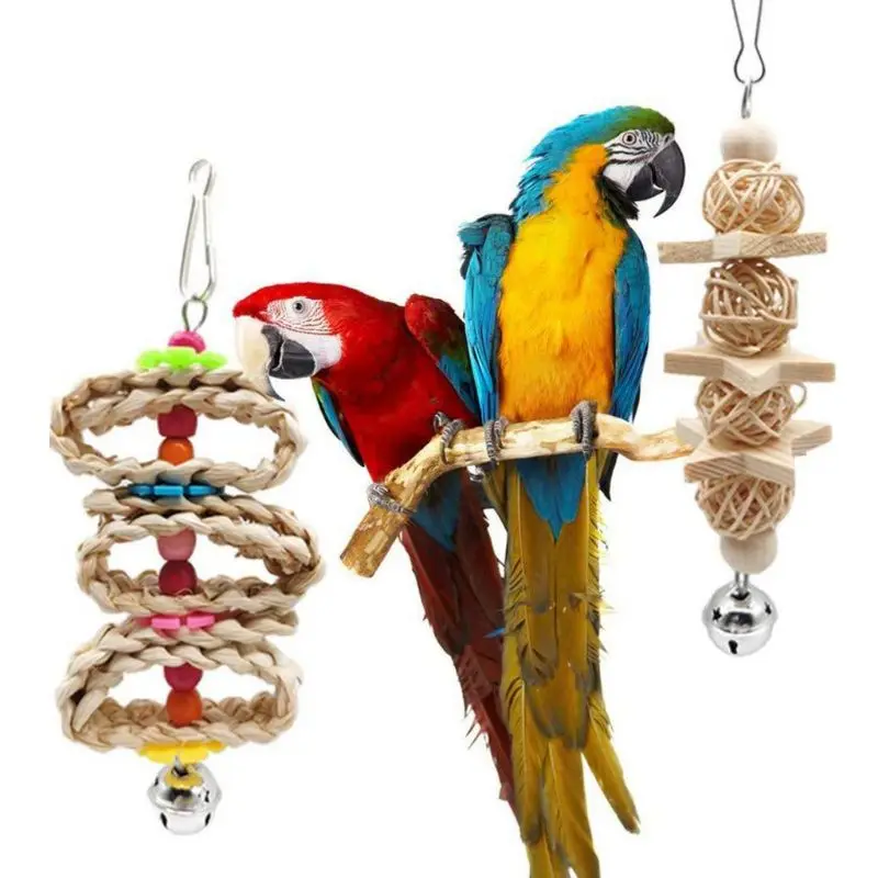 8 Pcs/set Bird Parrot Swing Chew Toys Natural Wood Hanging Bell Birds Cage Toy for Small Parakeets Cockatiels Bird Supplies