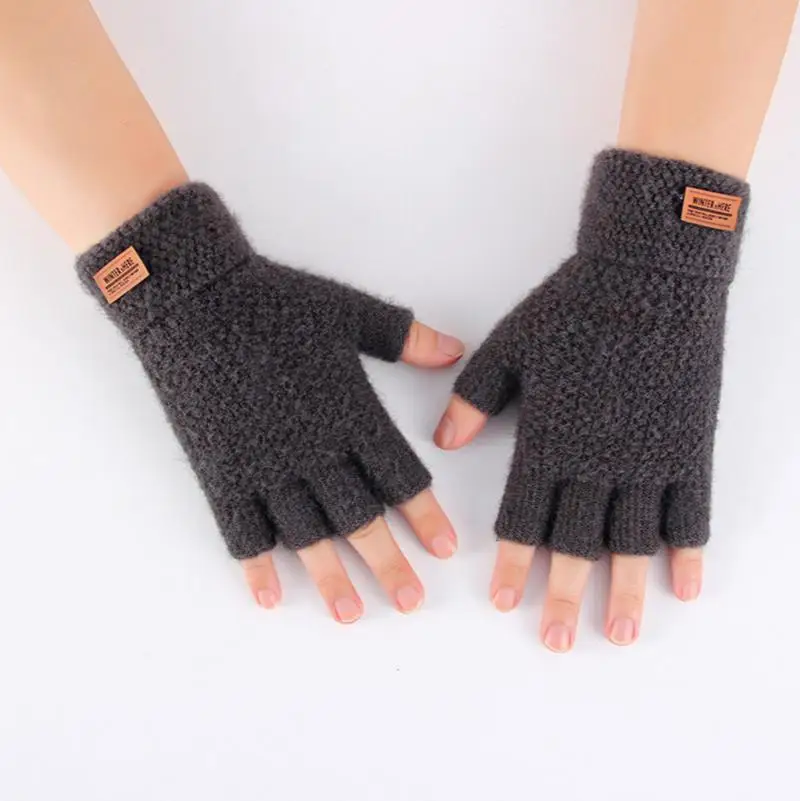 New Men's Winter Half-Finger Fingerless Clamshell Knitted Alpaca Warmth and Thick Fluffy Outdoor Riding Sports Driving Gloves