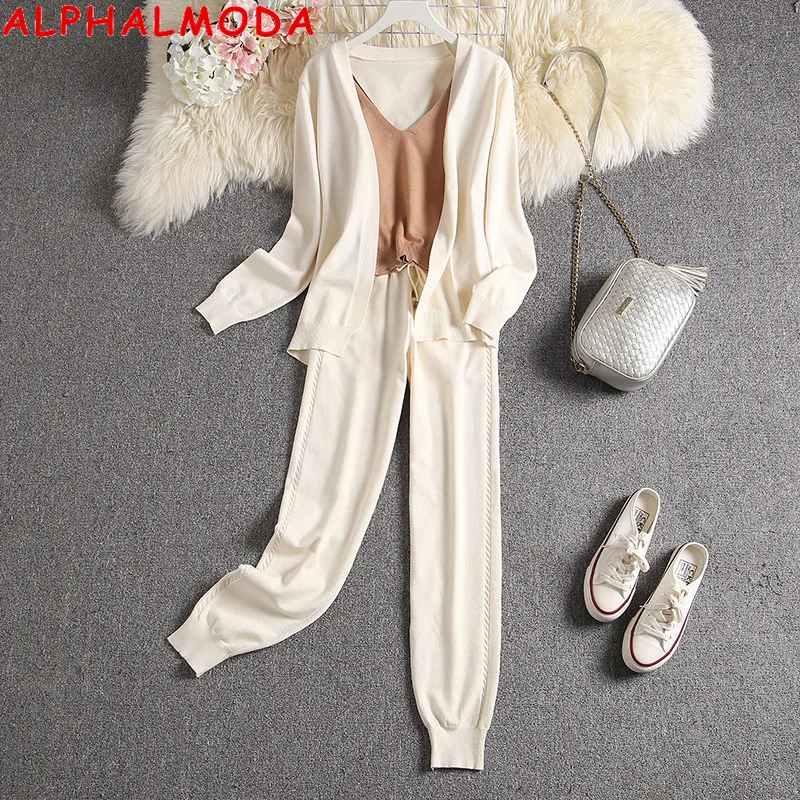 

ALPHALMODA 2020 Autumn Winter New Arrived Women's 3pcs Suit Cardigan Vest Pants Ladies High Quality Comfy Knitting Lounge Suit