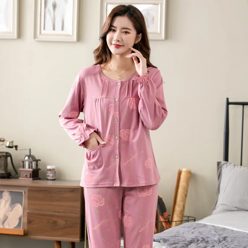 Big Yards XXXXL Elegant Floral Female Long Sleeve Pajamas Spring Autumn Cotton O-Neck Cardigan Fashion Lady Home Furnishing Suit