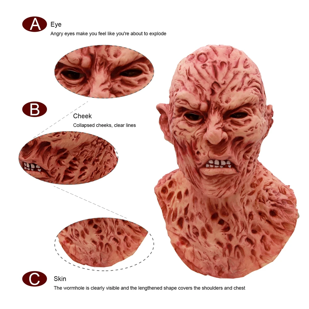 Costume d'halloween réaliste pour adultes, masque d'horreur de luxe Freddy Krueger, masque de carnaval effrayant pour fête de noël C34K187