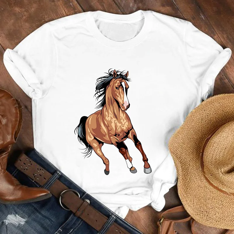 Cartoon Running horse Pattern Womens Tshirt Fashion O-Neck Female T-shirts Basic White T Shirts Summer Top Lady Tee shirt 2021