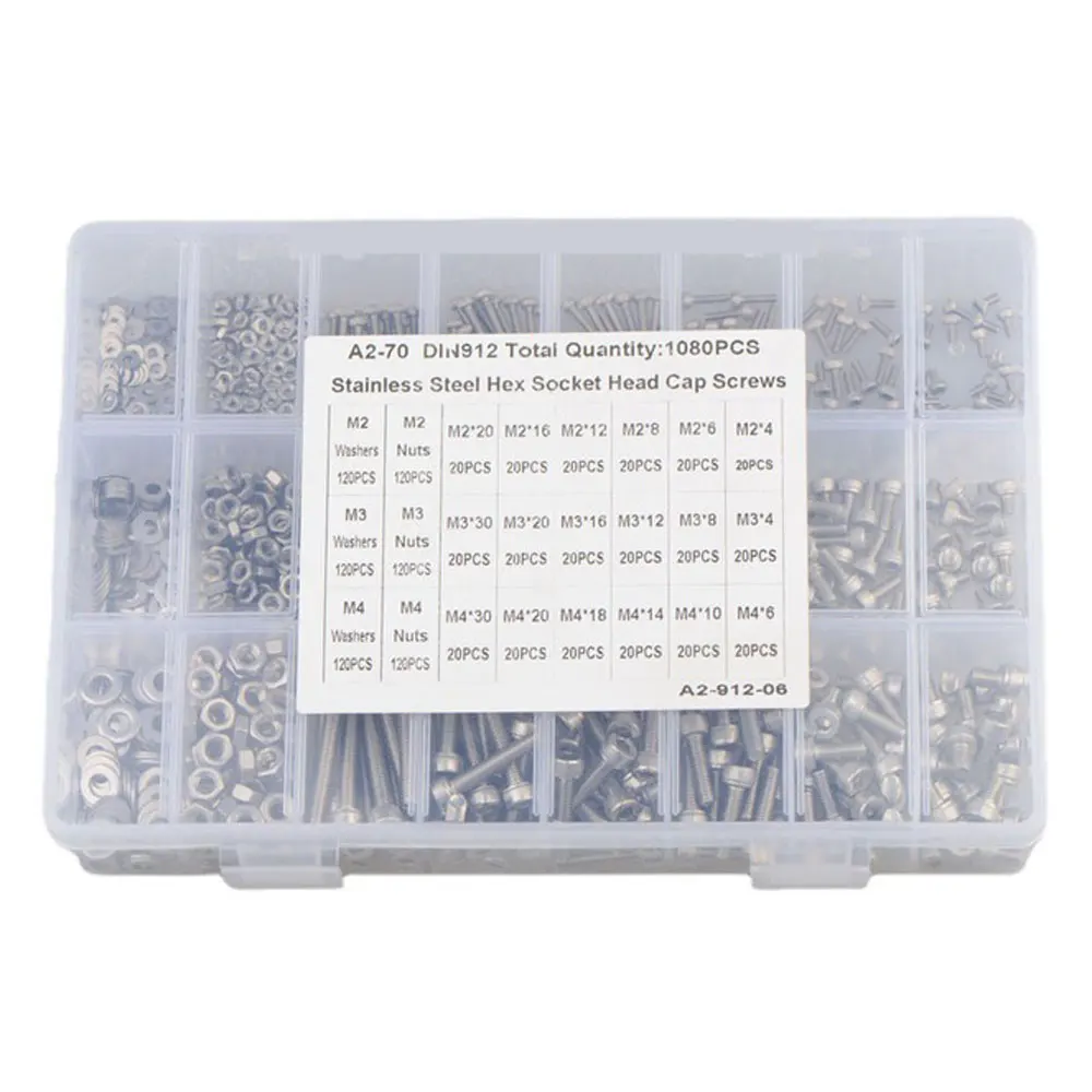 1080pcs M2 M3 M4 304 Stainless Steel Cup Head Hexagon Socket Screw With Nut Flat Washer Combination Set