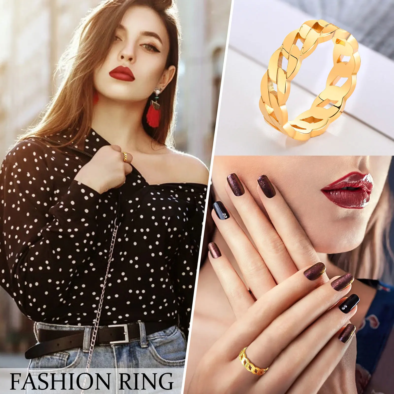 Vnox 3/5/6/7/14mm Chain Ring for Women,Chic Minimalist Gold Color Stainless Steel Wedding Band,Elegant Punk Boho Dainty Jewelry