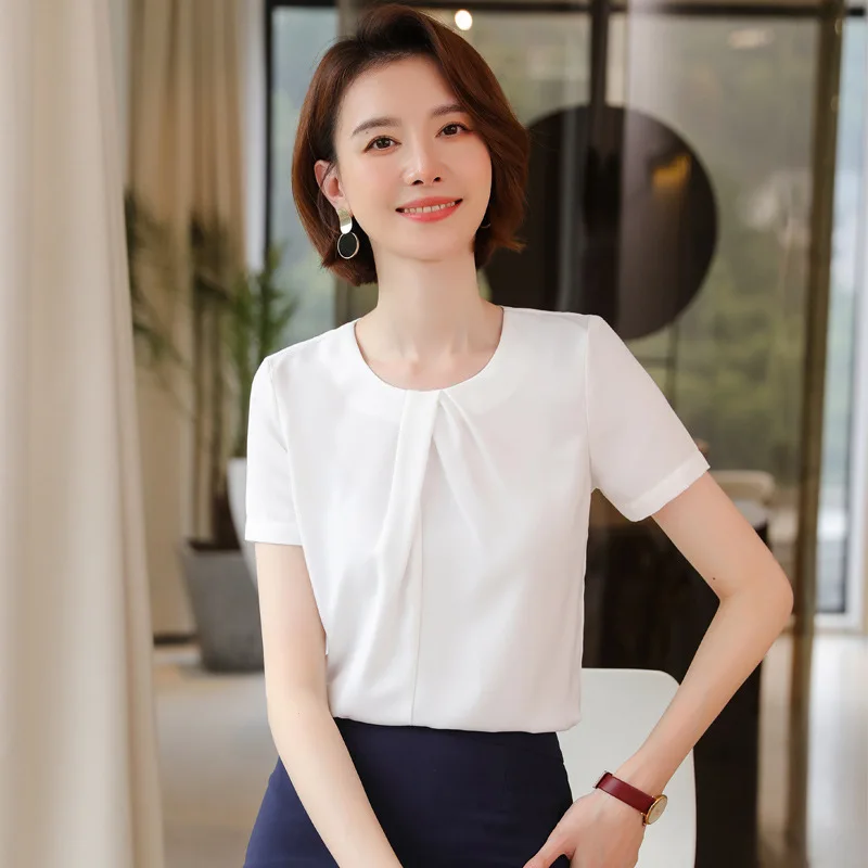 Navy Blue Shirt Women Short Sleeve 2022 Summer New Temperament Fashion Design O Neck Chiffon Blouses Office Ladies Work Tops