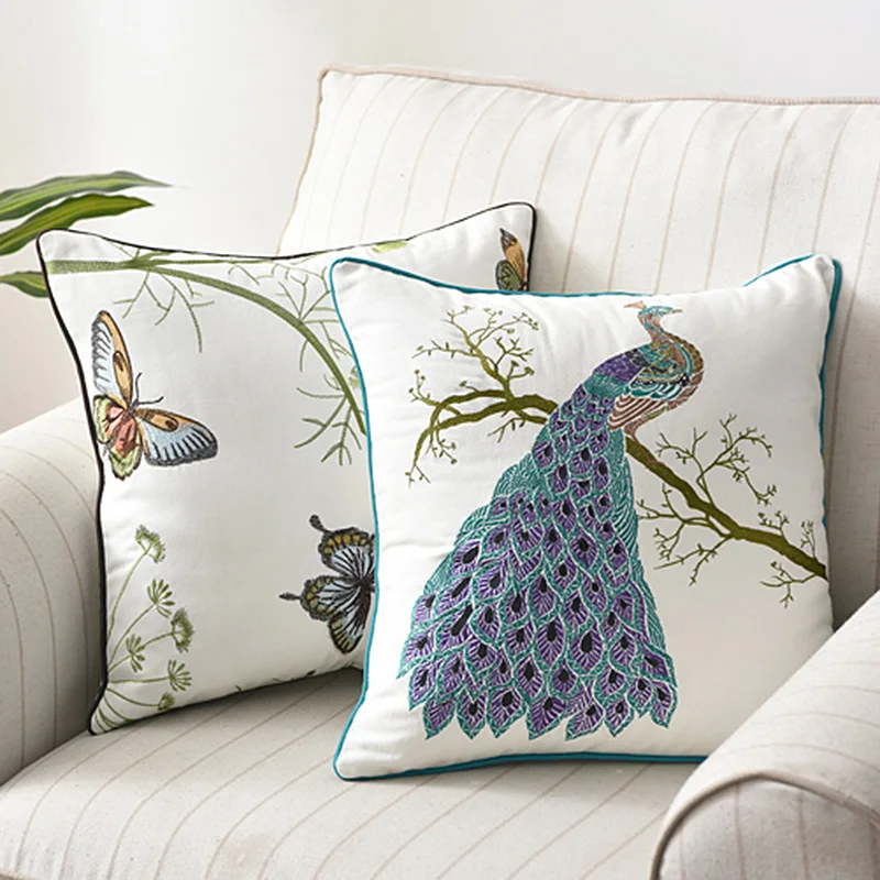 Pastoral Style Embroidery Peacock Butterfly Cushion Cover Country Style Cotton Pillow Cover Home Living Room Sofa Decor