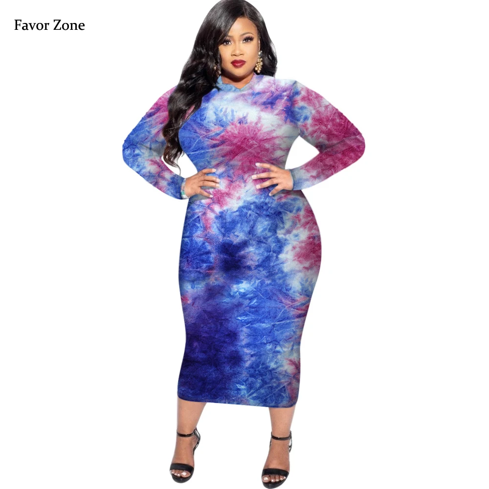 Plus Size Tie Dye Print Sexy Bodycon Women Dress Autumn Winter Elegant Long Sleeve Casual Round Neck Wrap Midi Party Dresses 5XL