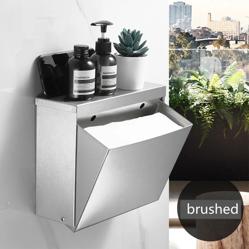 Black Silver Stainless Steel Tissue Paper Box Nail-Free Install Toilet Paper Holder Waterproof Paper Extraction Storage Rack