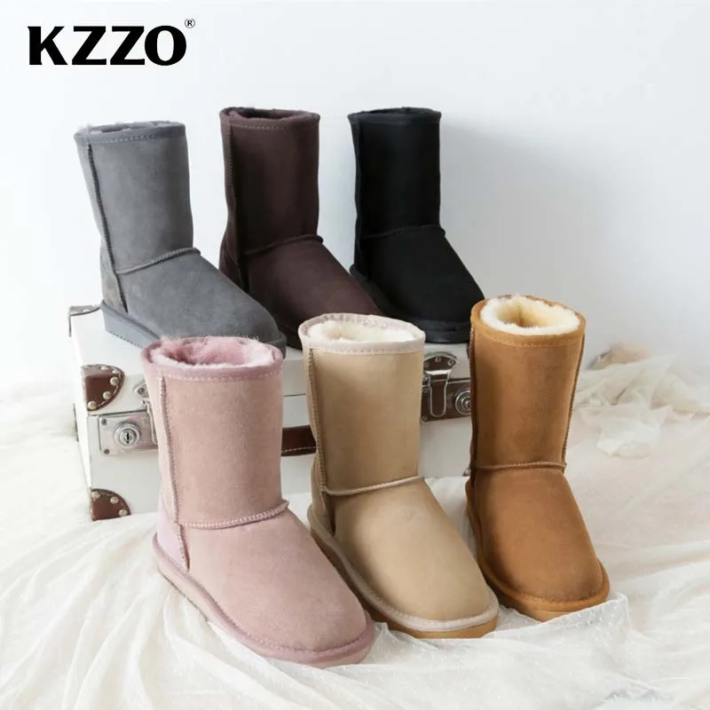 KZZO Classic Sheepskin Suede Leather Snow Boots For Women Natural Wool Flat Boots Mid-calf Fur Lined Winter Warm Shoes Non-slip