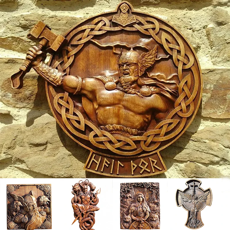 

New Resin statue Wood Odin Ravens Viking Mythology Icon Wall Sculptures Thor Wood Gods Carving Wall Hanging Norse Home Decor