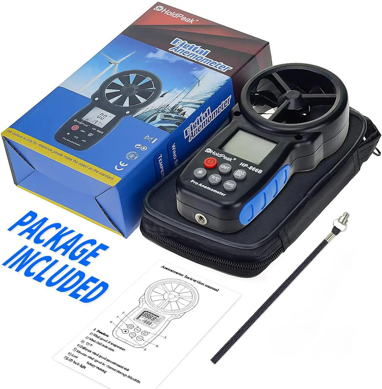 HoldPeak HP-866B Digital Anemometer Wind Speed Meter Measures Wind Speed Temperature Wind Chill HP866 Measure Tool droshipping