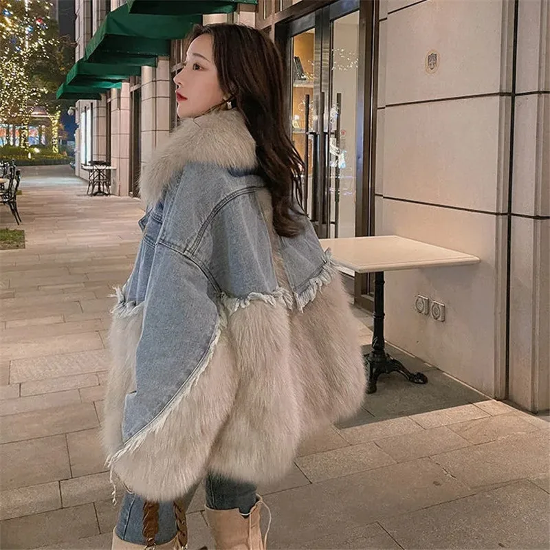  Winter Denim Patchwork Faux Fur Parka Coats And Jackets Women Ropa Mujer Fashion Mid-Length Outwear New Manteau Femme Hiver