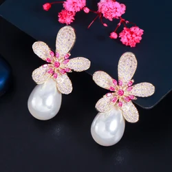 CWWZircons Geometric Red Cubic Zirconia Flower Big Dangle Drop Pearl Earrings for Women Luxury Engagement Wedding Jewelry CZ875