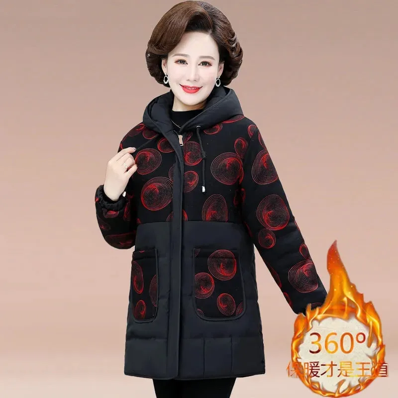 Mother\'s Padded Jacket And Velvet Thickened Hooded Winter Coat Middle-Aged And Elderly Women\'s Warm Plaid Cotton Clothes Female