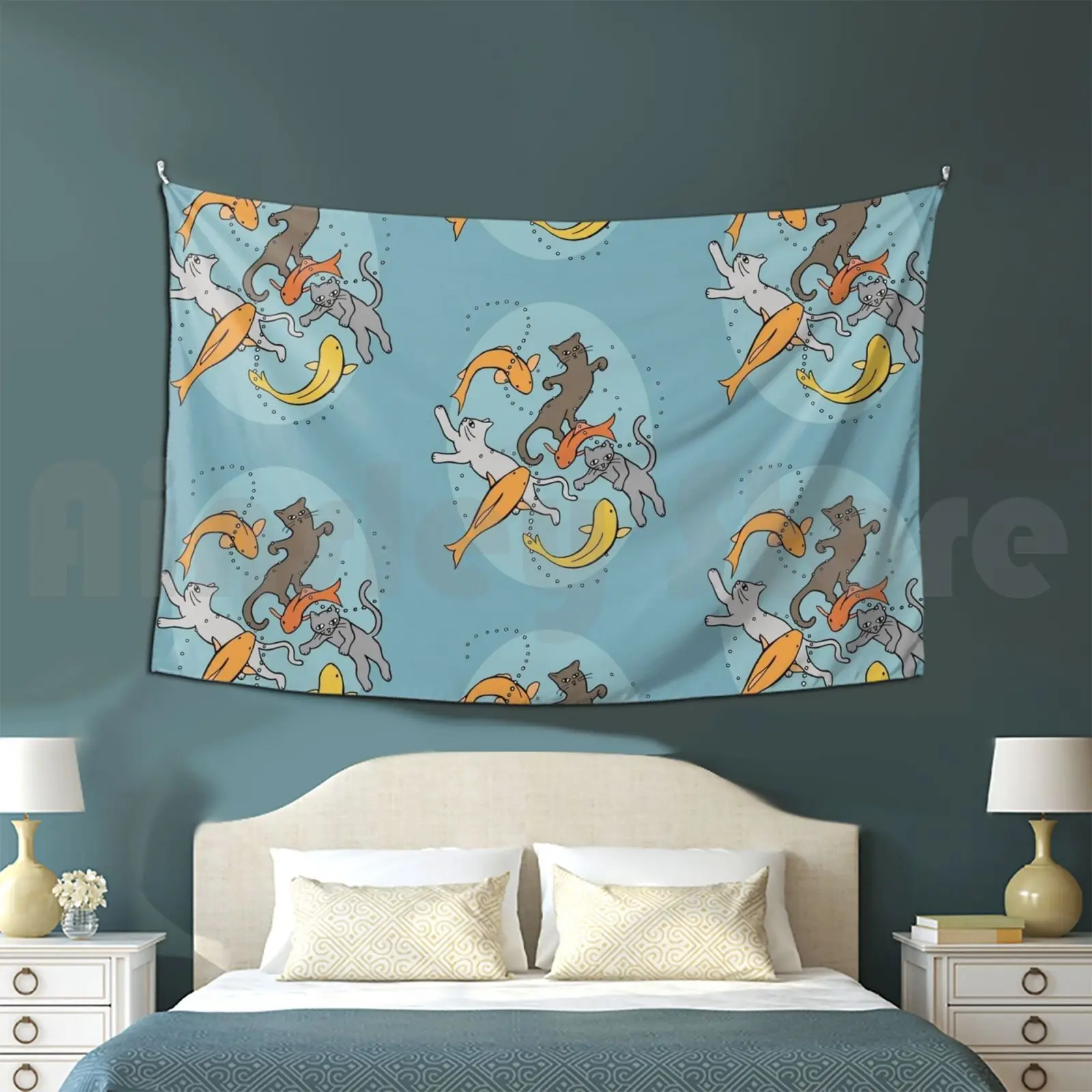 Kittens Swimming In Koi Pond With Fishes Tapestry Living Room Bedroom Kitten Kittens Cat Cats Swim Swimming Fish Fishes