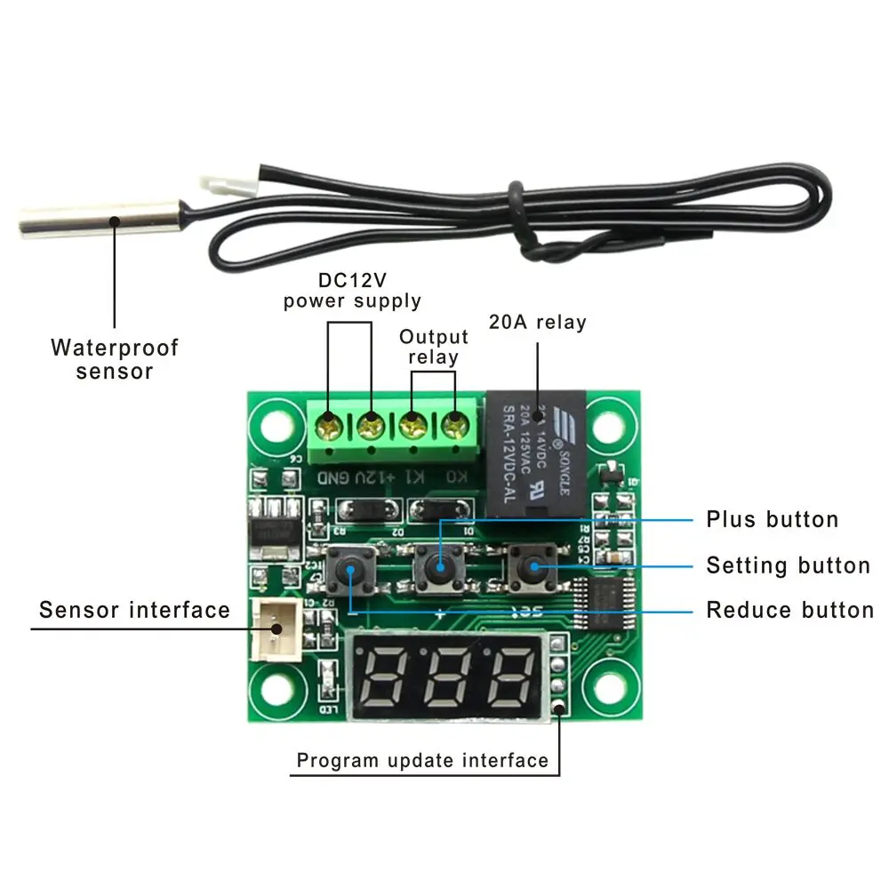 방수 프로브 포함 온도계, DIY 전자 온도 조절기, W1209 LED 디지털 DC 온도 모듈, Arduino, 12V