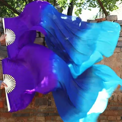 Imagen 2 del producto Venta al por mayor, velos clásicos de abanico de seda auténtica para danza del vientre, abanico de práctica de danza teñido Horizontal degradado para mujeres/niñas, abanicos de Ropa de baile