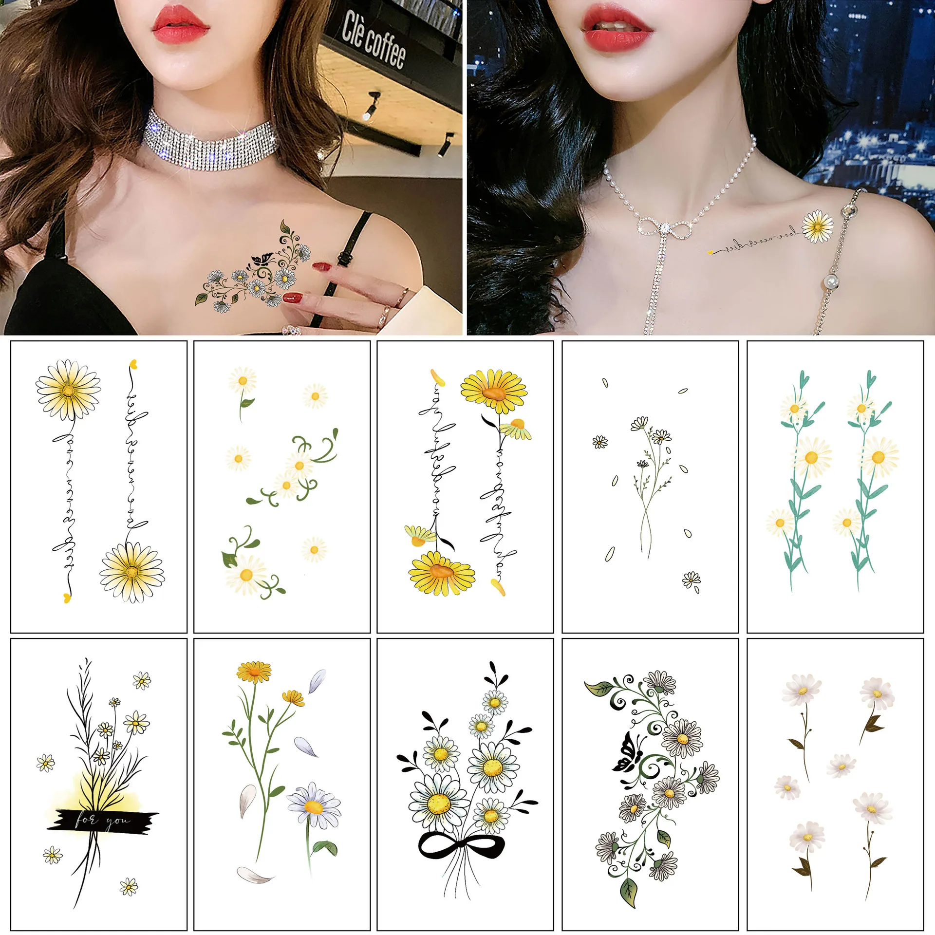 10pc/Set New Small Daisy Temporary Tattoo Stickers Female Waterproof Sexy Flower Art Fake Tattoo Wrist Fashion Tattoo Stickers