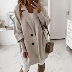 Hot！3/4 Sleeve Two Buttons Women's Coat Winter/Autumn 2023 Lapel Side Pockets Long Warm Woolen Women's Coat Winter/Autumn 2021