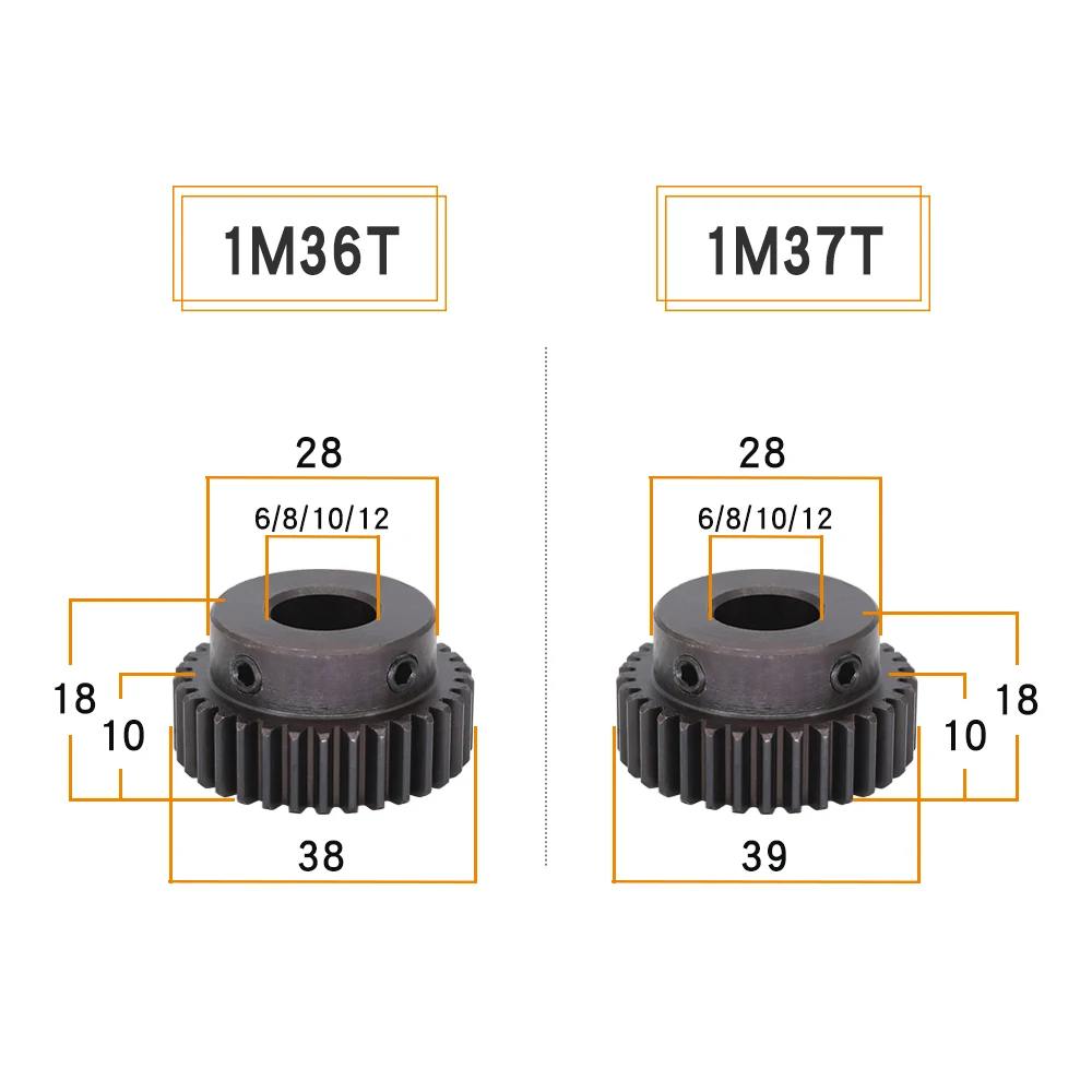 Module 1 Motor Gear 1M-36T/37T/38T/39Teeth SC45#Carbon Steel Material Blackening Spur Gear Bore Size 6/8/10/12 mm