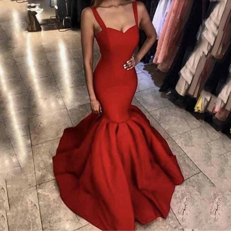 Vestido de festa vermelho escuro e sensual, alças espaguete, cetim, formatura, vestido de sereia, novo, 2019