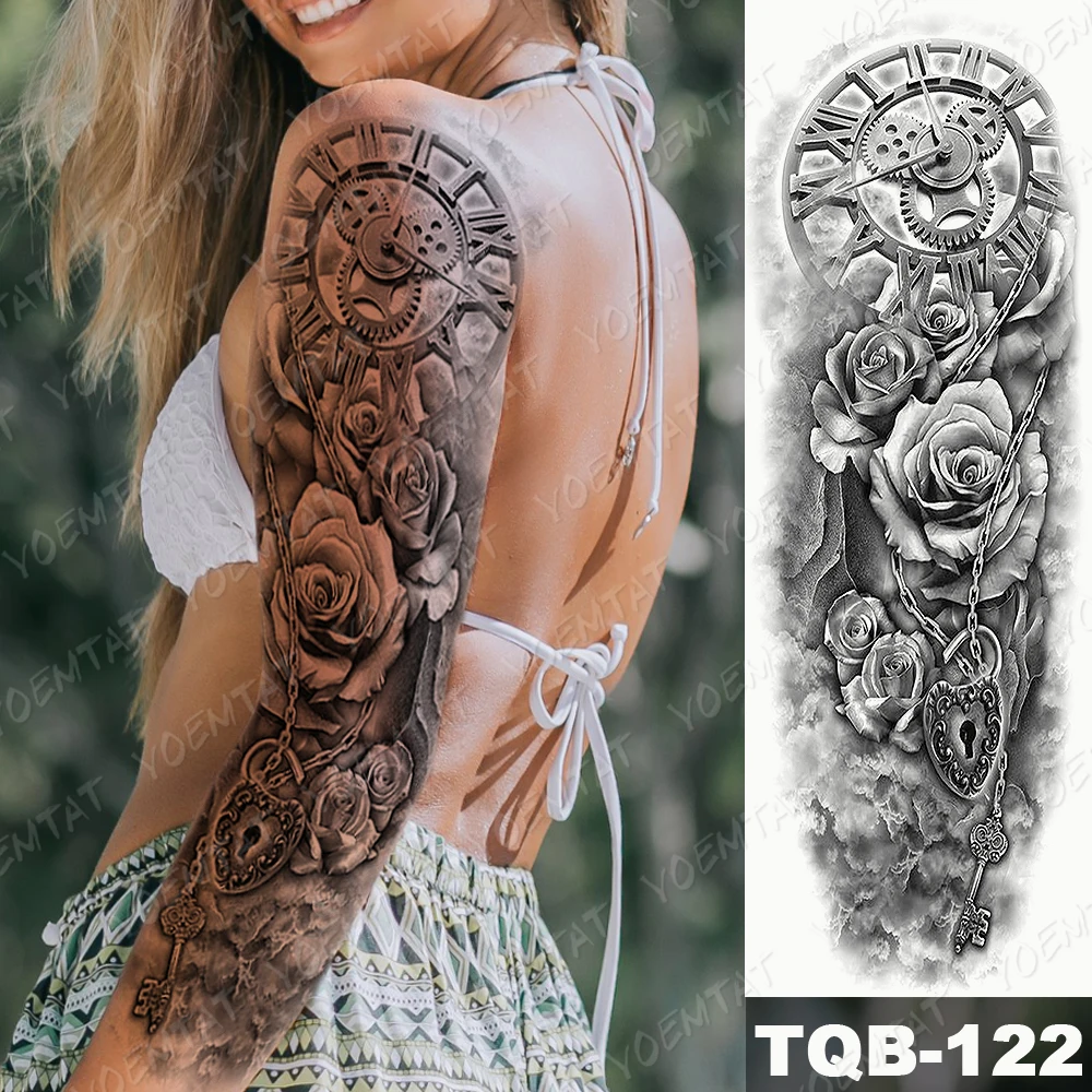 Gear Eros Lock Watch Rose Arm Shoulder Black Man Woman Glitter Tatu Transfer Tattoo Semi Permanent Tattoo Sleeve Gomette Tato