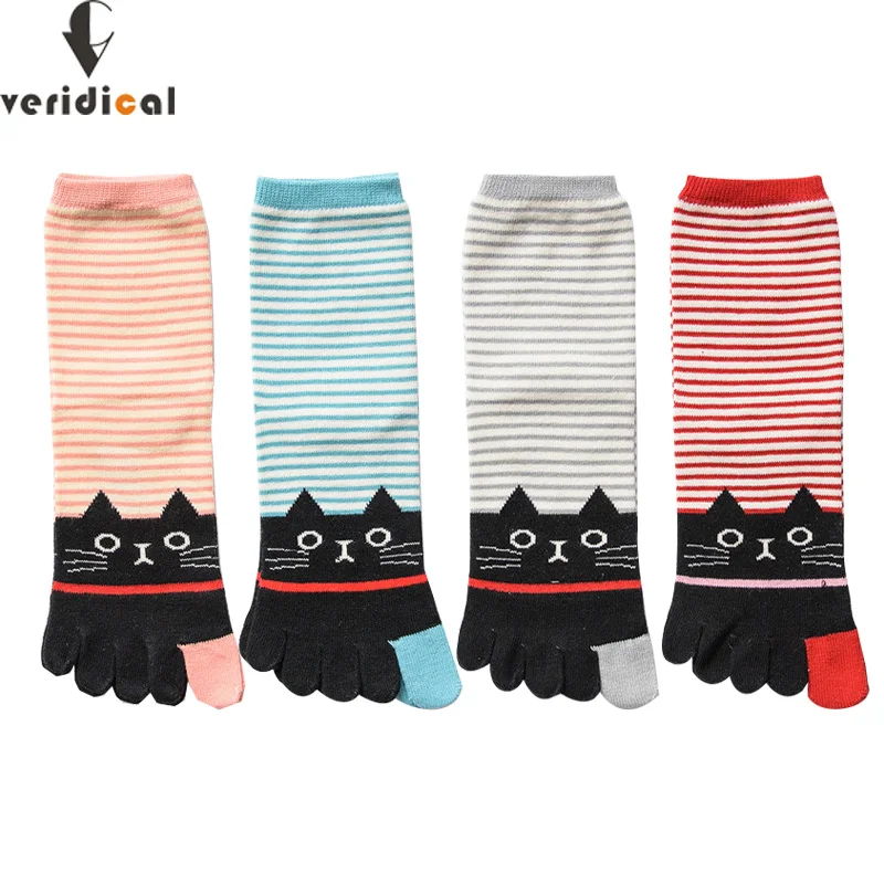 5 Pairs Women Toe Short Socks Cotton Striped Cat Cute Young Casual Sweat-Absorbing Breathable 5 Finger Harajuku Happy Socks