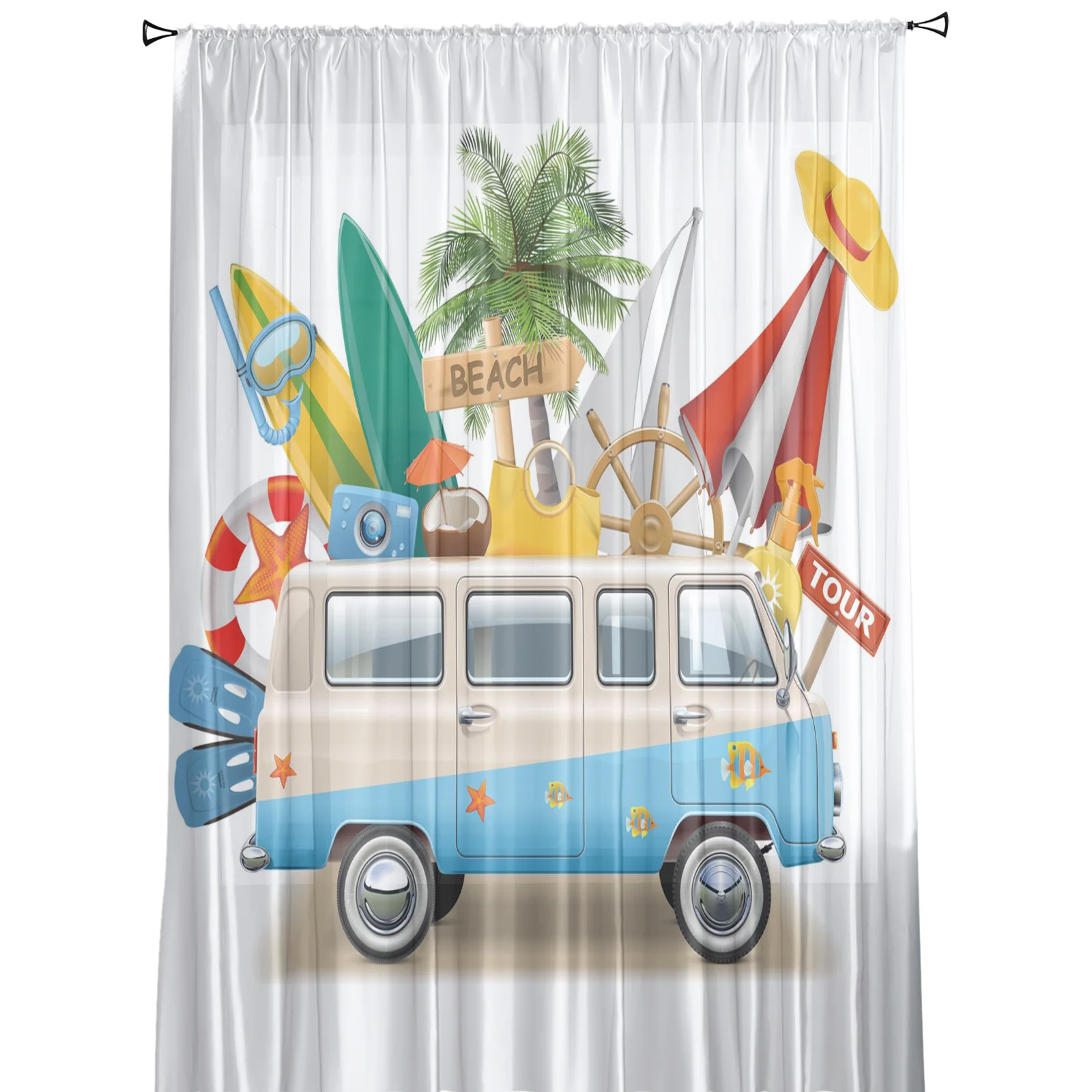 Car Coconut Tree Surfboard Sheer Curtains for Living Room Bedroom Window Treatment Kitchen Chiffon Curtain