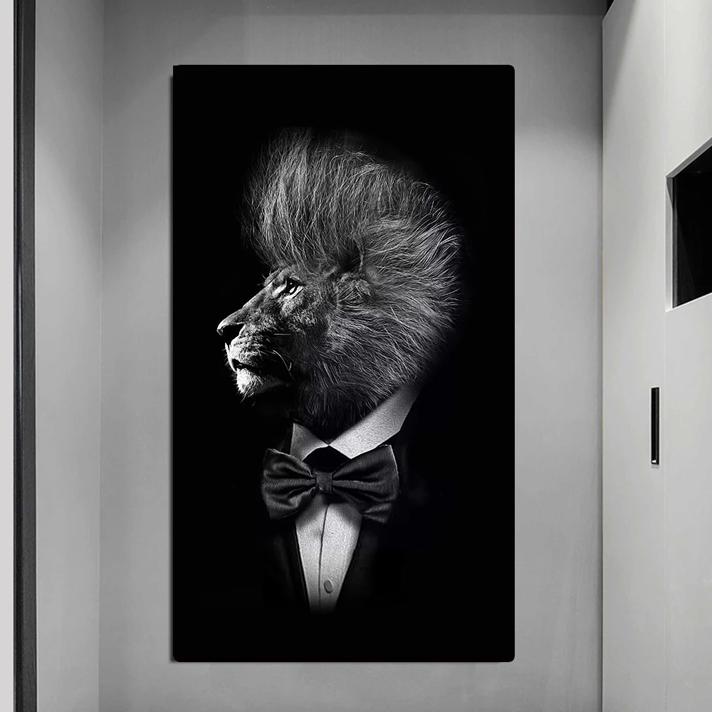 Funny Animal Black White Lion In Suit Canvas Art Posters And Prints Abstract Animals Canvas Paintings On the Wall Art Pictures